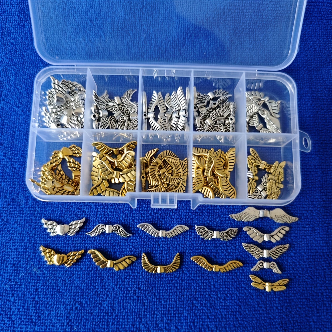 

100pcs Antique Silvery Golden Metal Wing Beads For Jewelry Making With Storage Box