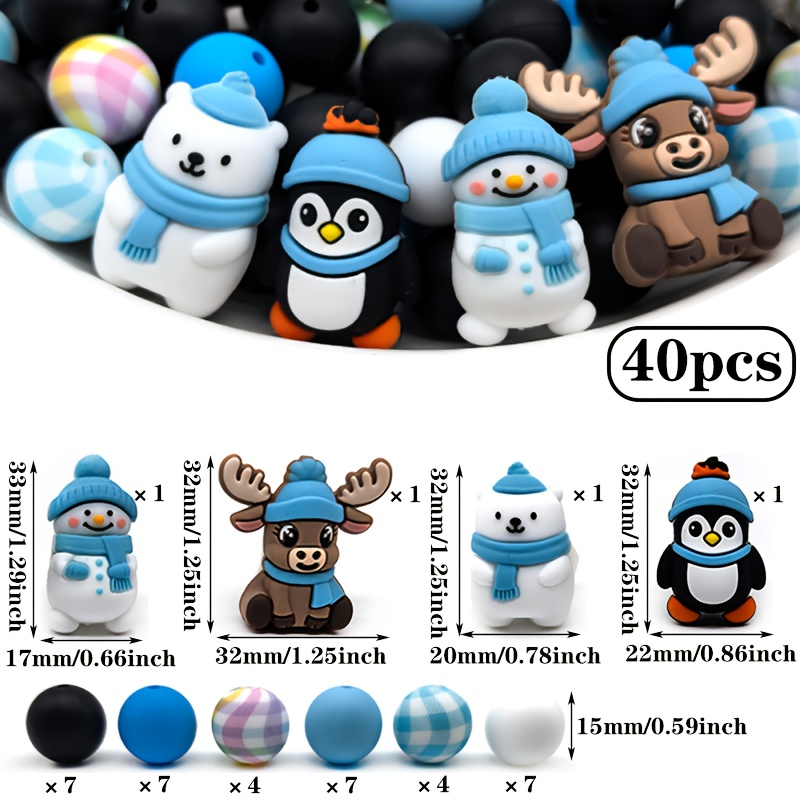 Image of 40 Pcs Silicone Beads, 3d Three-dimensional Christmas Snowmen And Penguins, With Blue And White Round Loose Spacer Beads, Suitable For Handmade Making, Daily Decoration, And Holiday Gifts