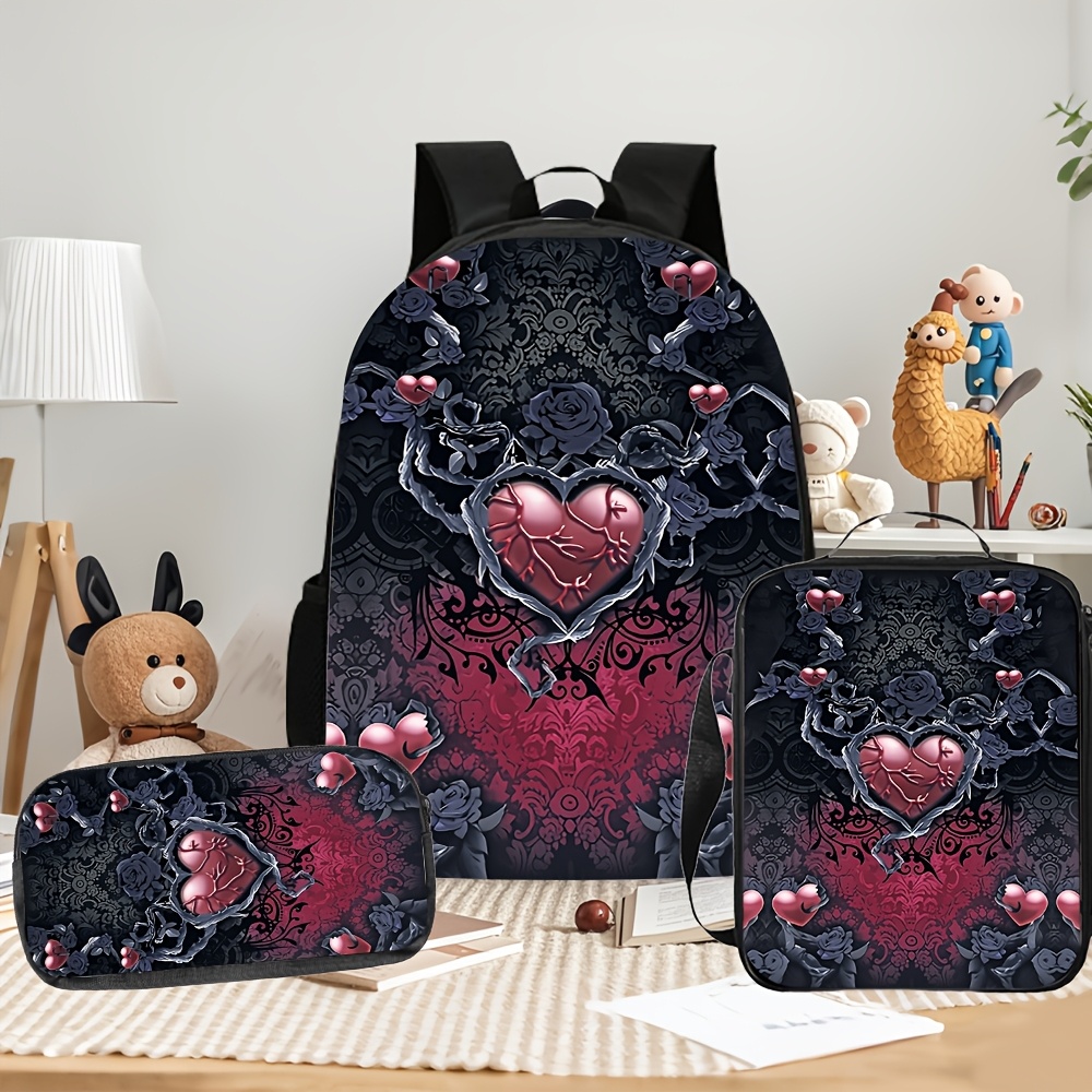 TEMU 3pcs [2d Flat] Backpack Set Gothic Heart Rose Vine Pattern School Backpack With Shoulder Bag & Pencil Case For Casual Daypack Travel Outdoor