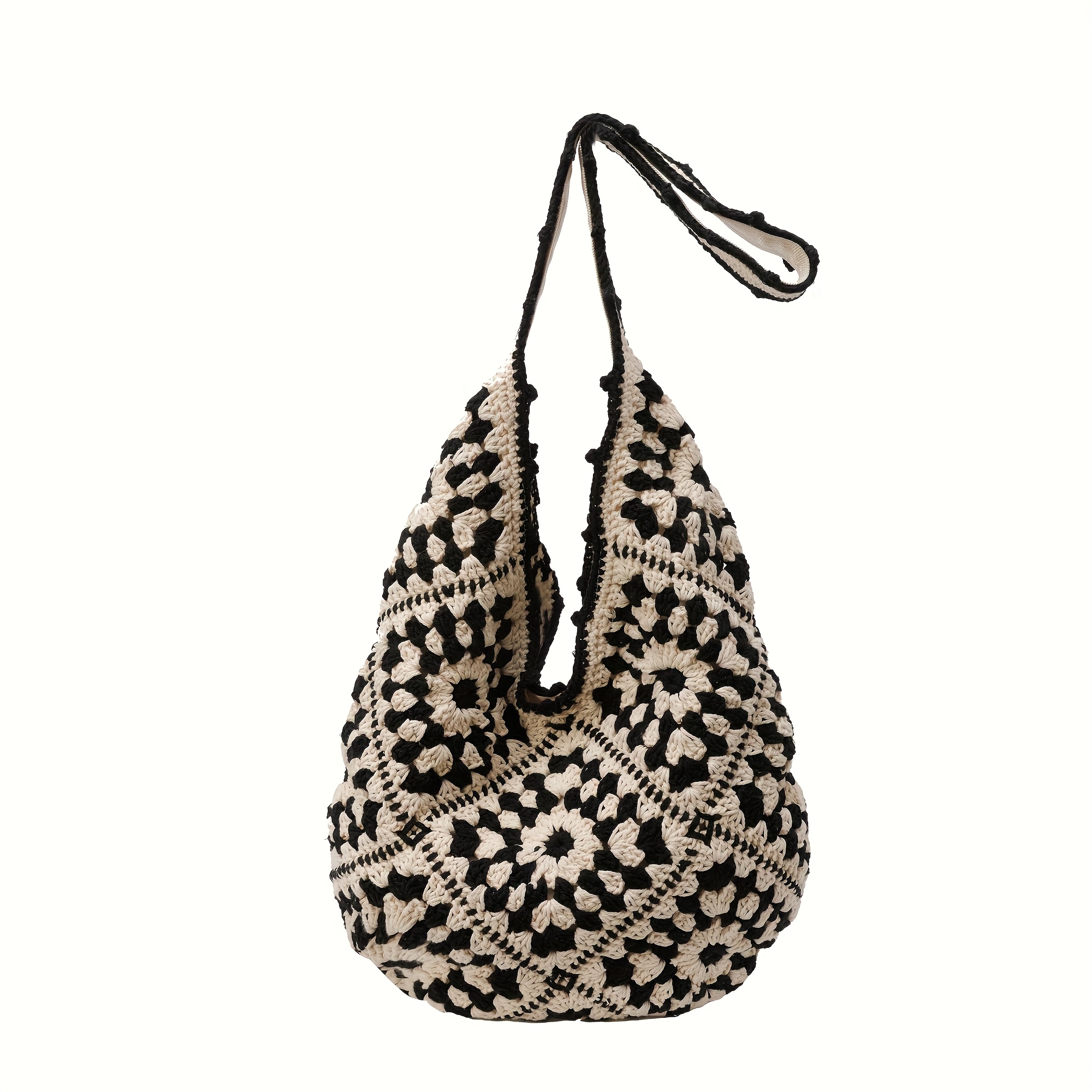 Boho Chic Women's Woven Tote Bag: Black & White Geometric Pattern, Spacious Shoulder Bag With Magnetic Closure. For Casual And Vacation Styles