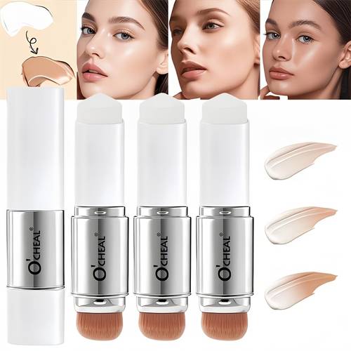 2 in 1 color changing foundation stick with brush matte concealer natural buildable coverage waterproof sweatproof hydrating medium shades lighter to beige tones for all beige types sensitive dry beige travel friendly concealer