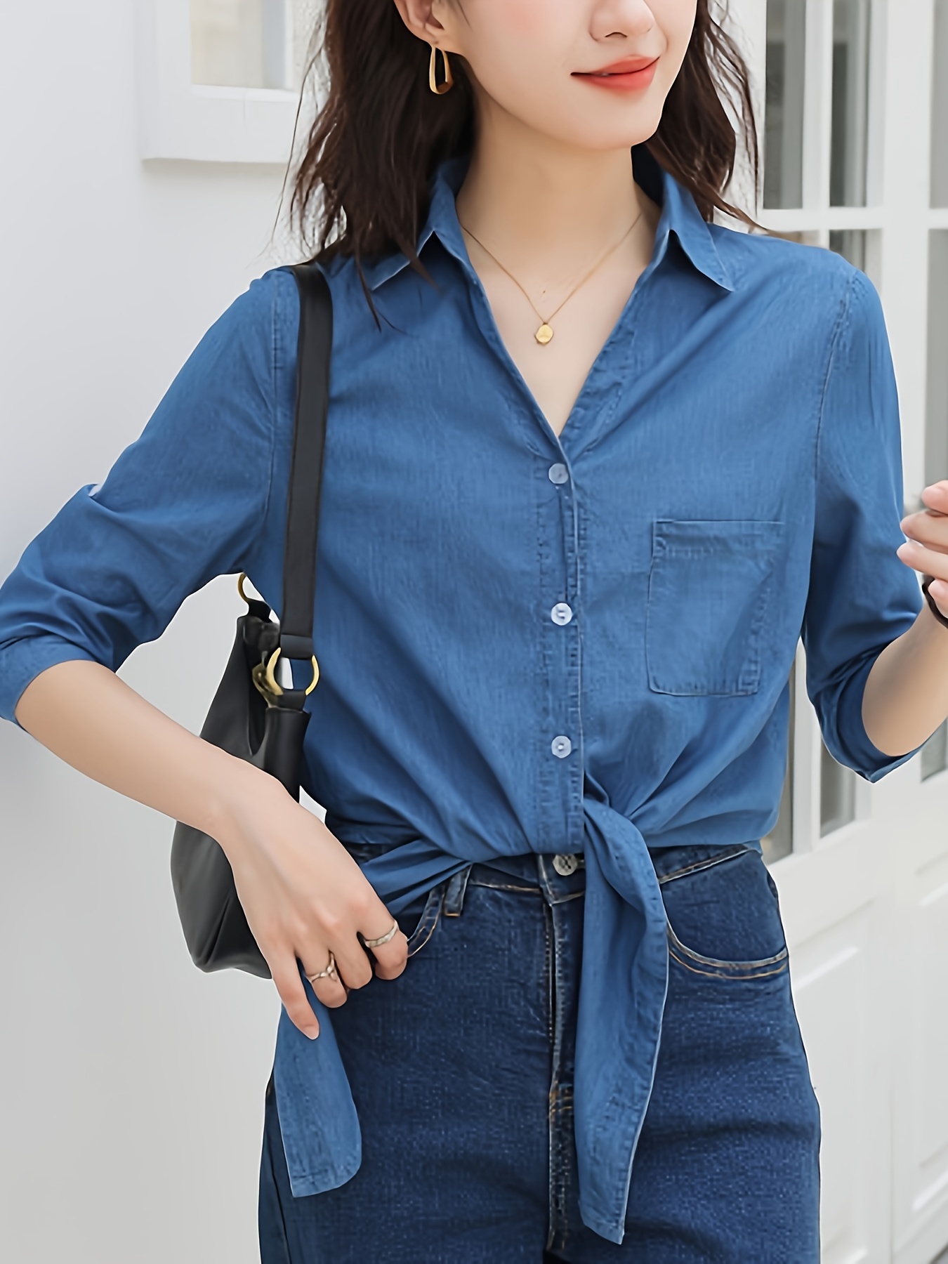 top corto in denim chic donna frontale maniche Temu Italy