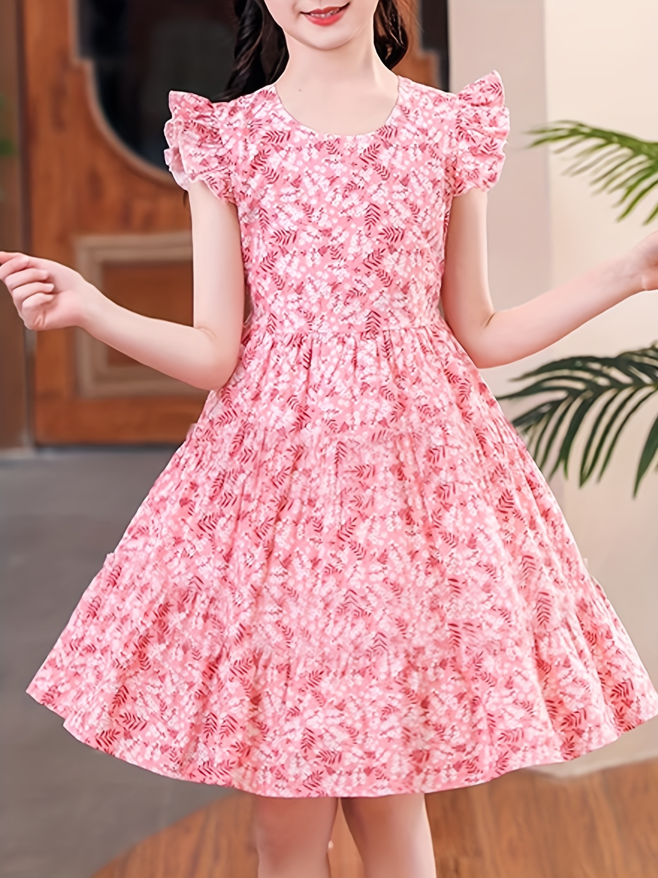 girls pink floral print a line dress sleeves elegant Temu United