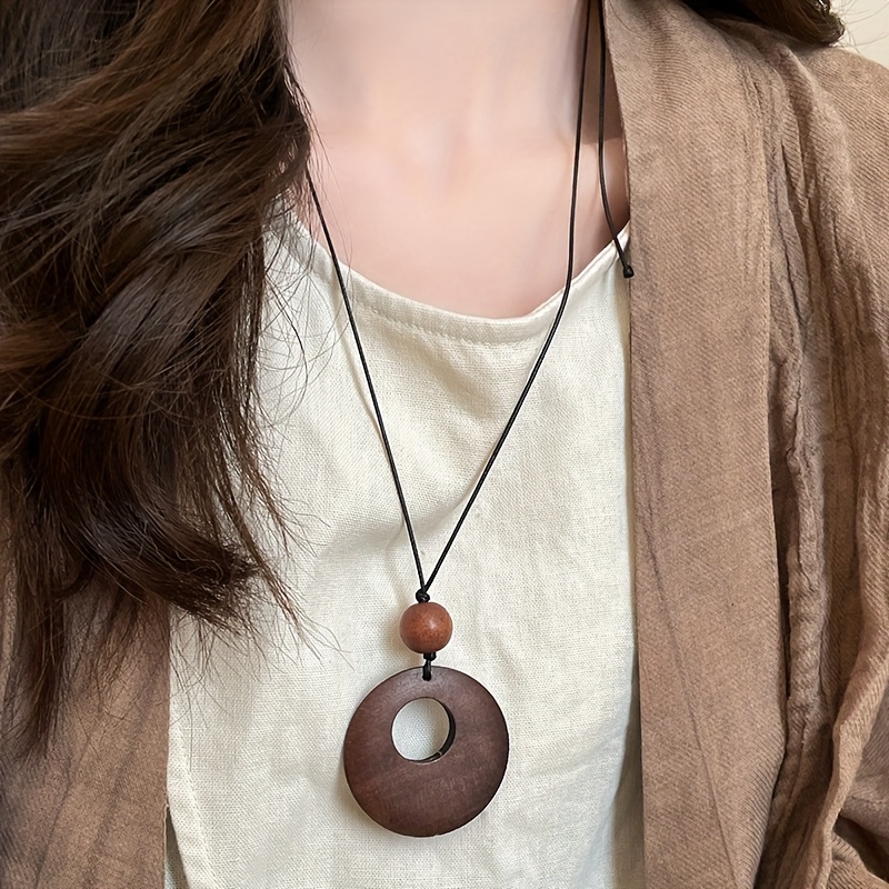 1pc bohemian vintage round wooden pendant necklace women Temu