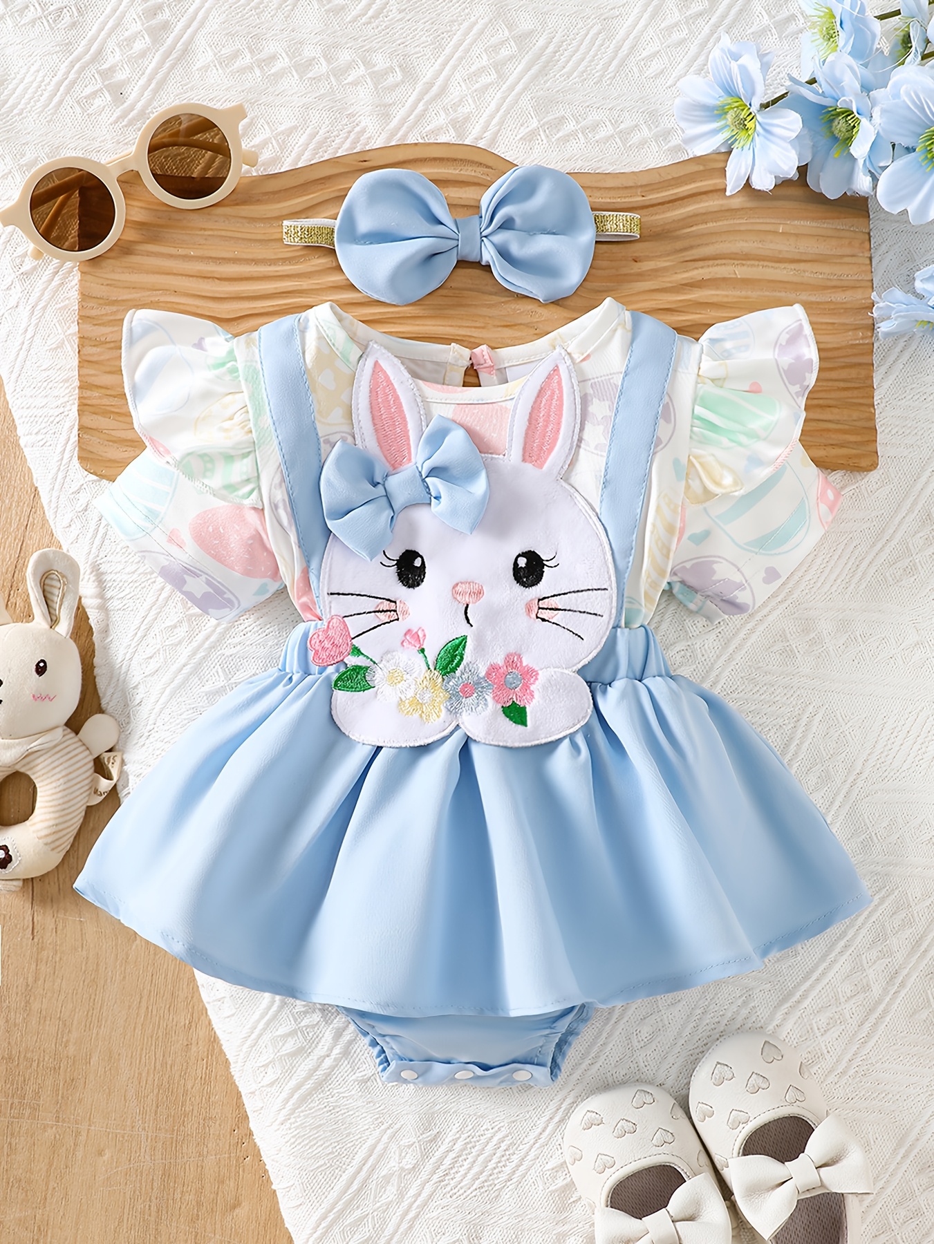 baby girl small bunny   two piece jumpsuit   eggshell full print fluffy princess skirt easter daily cute outfit for outdoor