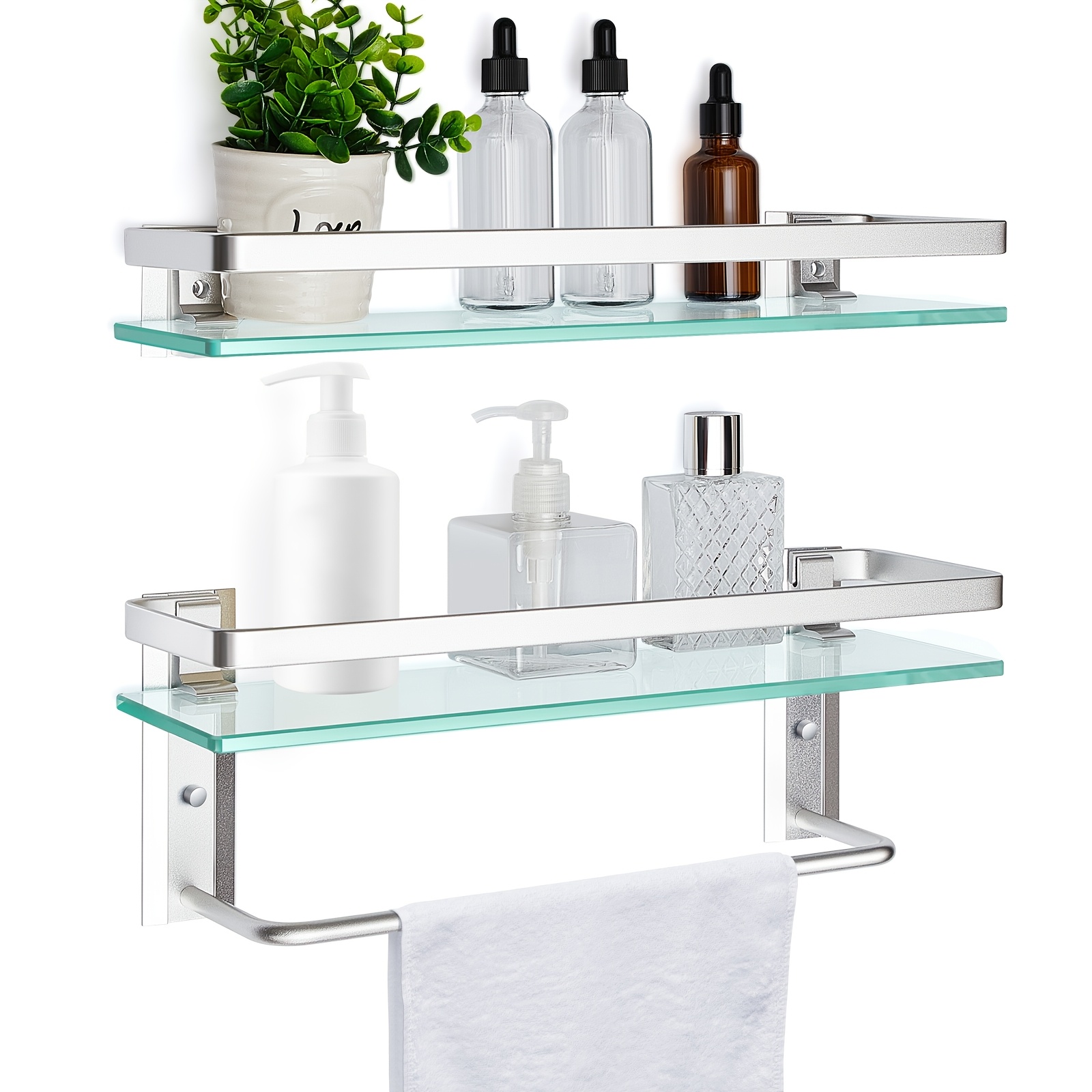 TEMU 2pcs Contemporary Bathroom Shelf, 15.7 X 4.72 Inches, Floating Shelves With Towel Bar, Tempered Glass, Wall Mount, Set Of 2