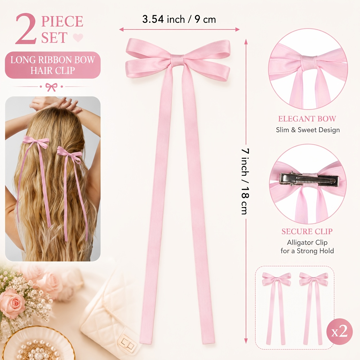 2pcs Long Ribbon Bow Hair Clips for Women, Elegant Barrettes