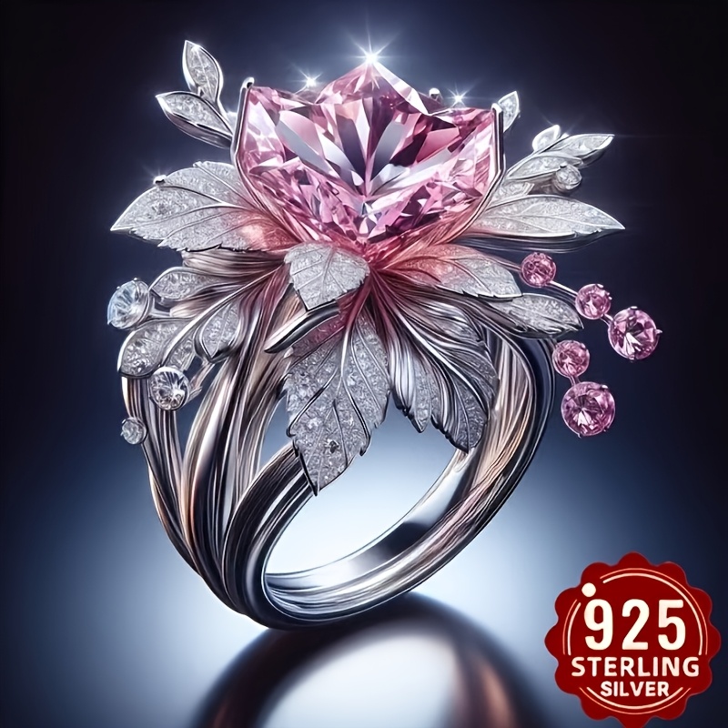 TEMU Bague en argent 925 avec grappes de fleurs roses, feuilles florales en trois dimensions, de luxe léger et haut de gamme, convient à diverses