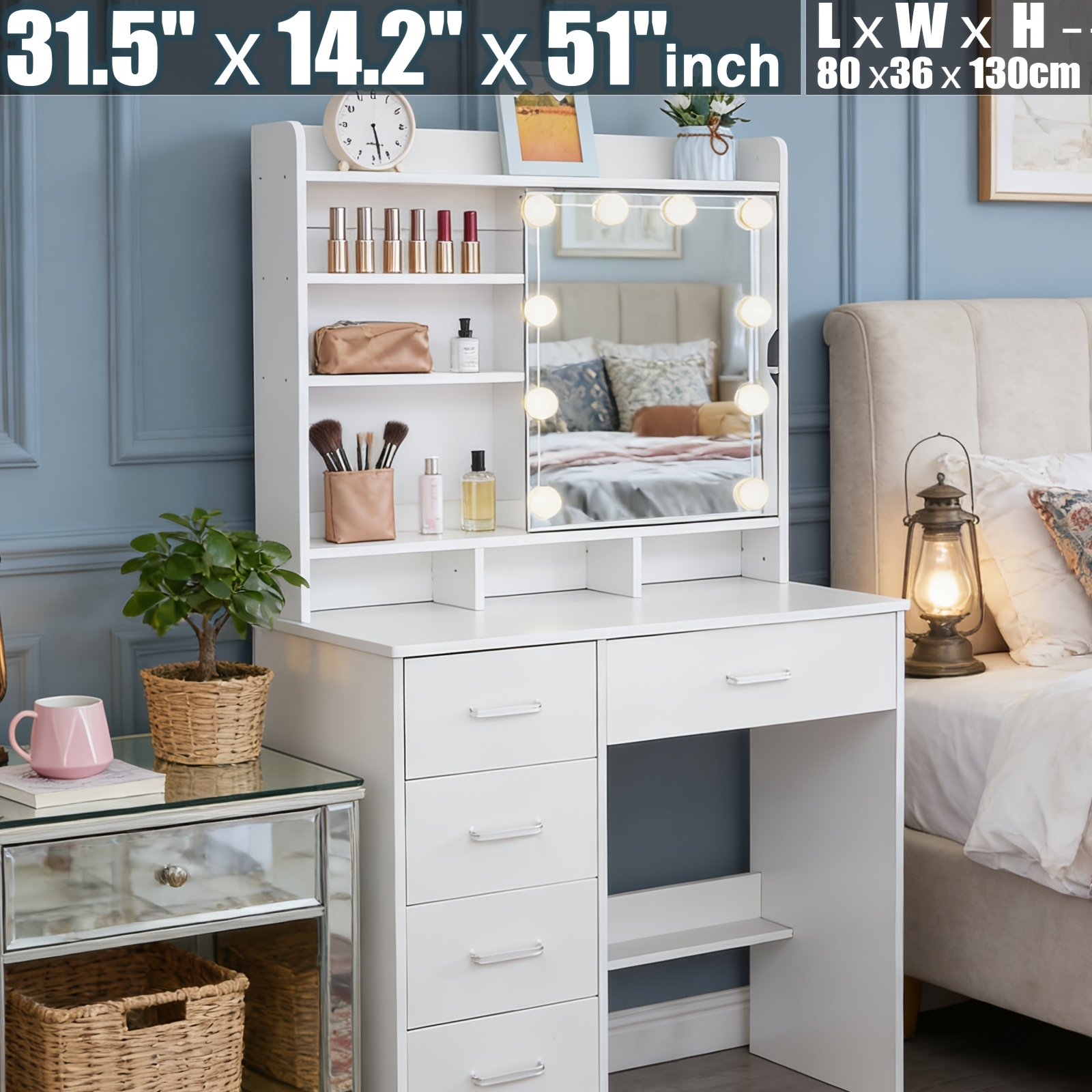 TEMU White Vanity With Mirror Makeup Led Lights Mirror, Drawers, Shelves, Dressing Table Set With Sliding Mirror With Led Bulbs, Makeup Vanity Desk