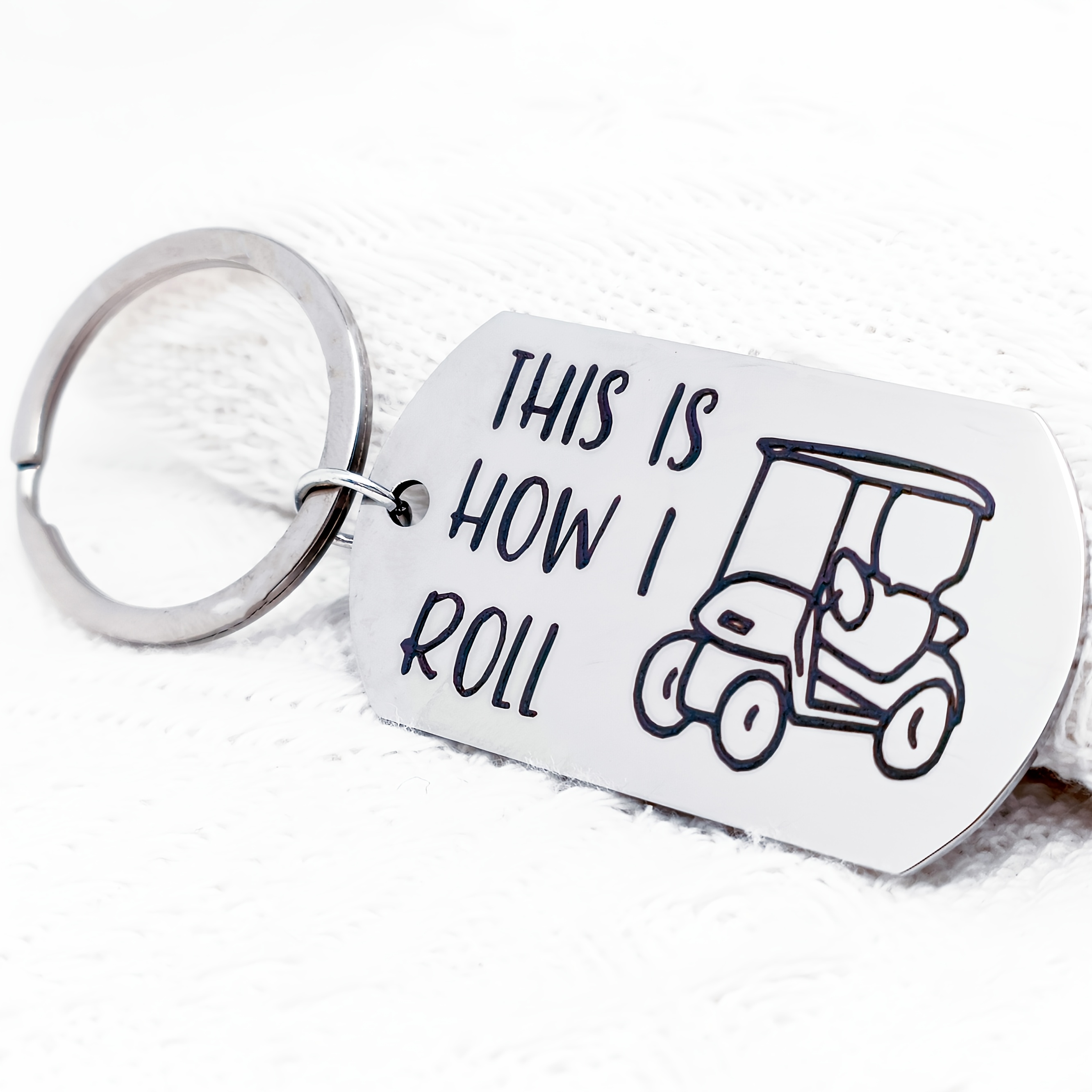 TEMU A Stainless Steel Keychain For Men And Women - Engraved With The Design " I Roll" Featuring A Golf Cart, Perfect For Backpacks. Made From