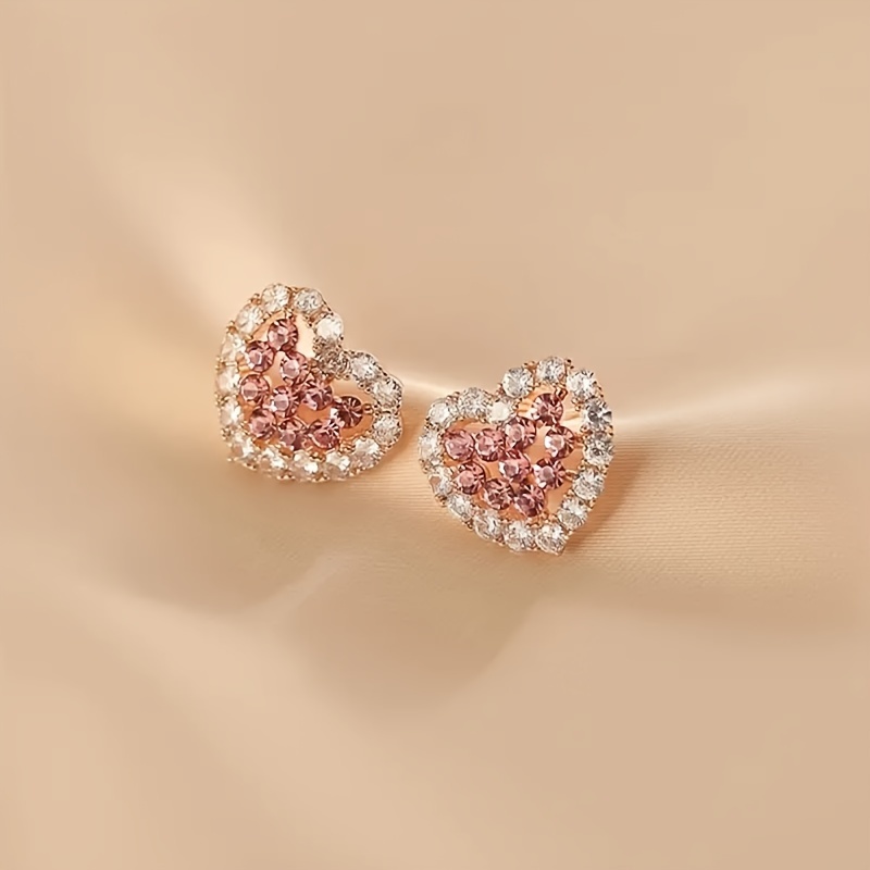 Pink Rhinestone Heart Stud Earrings 925 Sterling Silver Ear Needle
