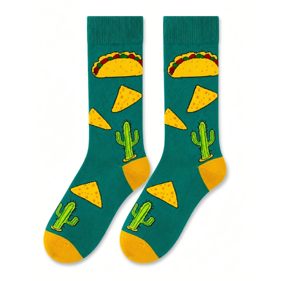 TEMU 1 Pair Men' & Cactus Mid-calf Socks, Retro Color Contrast | Breathable & Sweat-wicking | Slim Fit | High Elastic, Soft & Non-tight, Suitable For