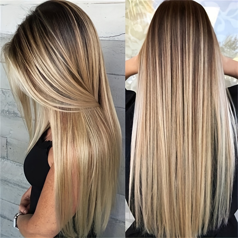 TEMU 1pc Elegant Straight Hair Wig For Women, 100% High-temperature Fiber, Natural Ombre Blonde, Full Cosplay Wig With 100% Density