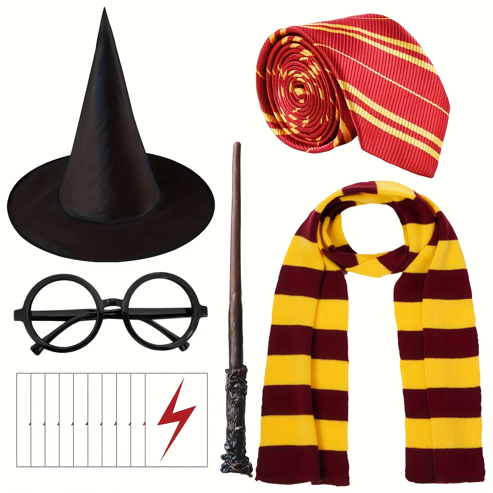 

15pcs Wizard Wizardry Party Costume Set – Black Hat, Glasses, Striped Scarf, Tie, Magic Wand, Tattoos – World Book Day, Halloween Dress-up, Cosplay Accessories Kit