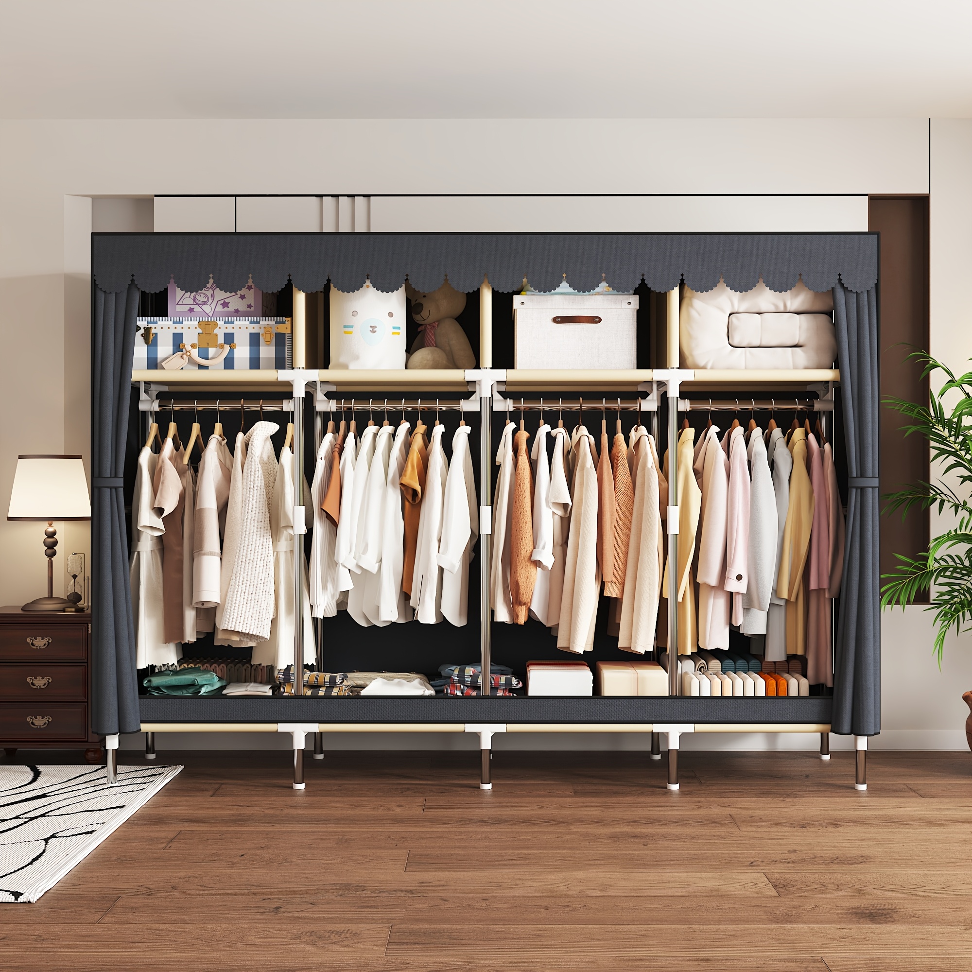 Large Capacity Freestanding Wardrobe with Metal Frame, Dustproof Storage Organizer for Bedroom, Dorms, and Rental Apartments - Mount, Independent Design, Under 3.2 Cubic Feet Closed Storage - Image 2