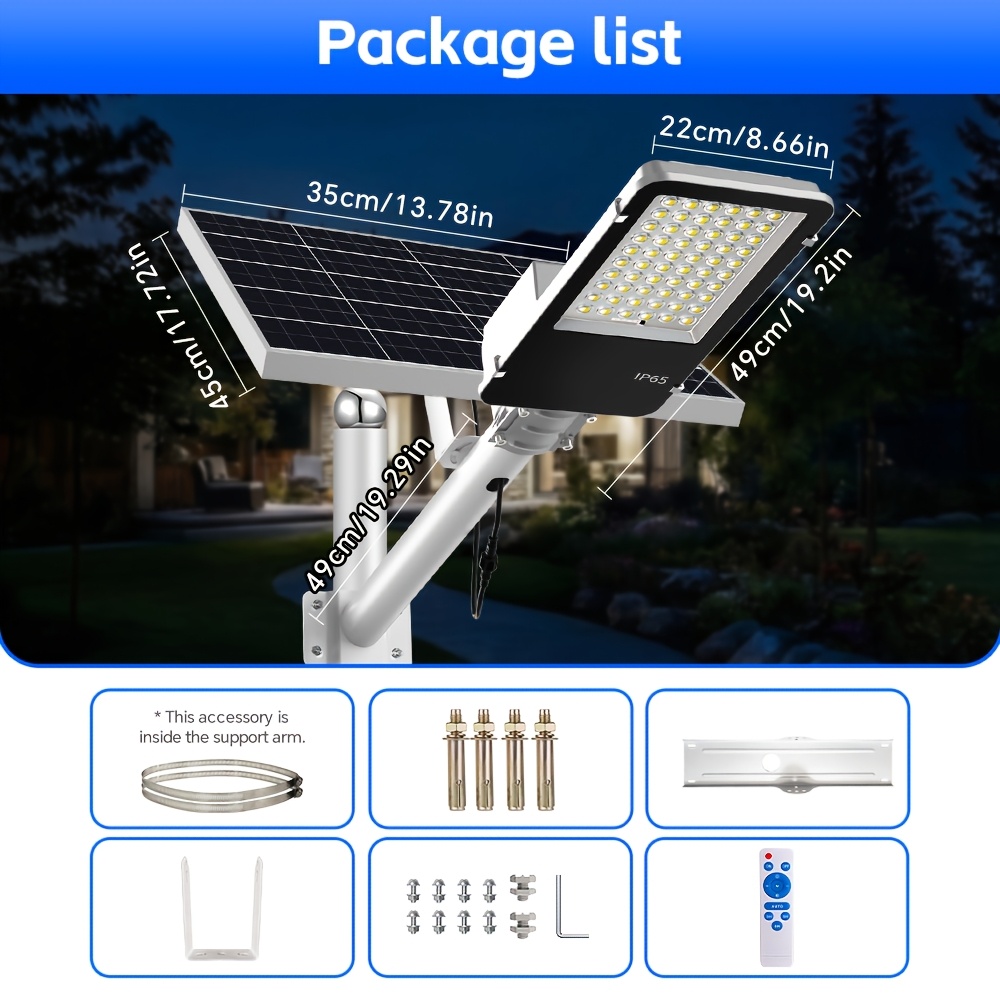 TEMU 1 X Lampe solaire de rue extérieure ultra-lumineuse, 6500K, applique murale solaire IP65, du à l', avec télécommande, batterie lithium haute