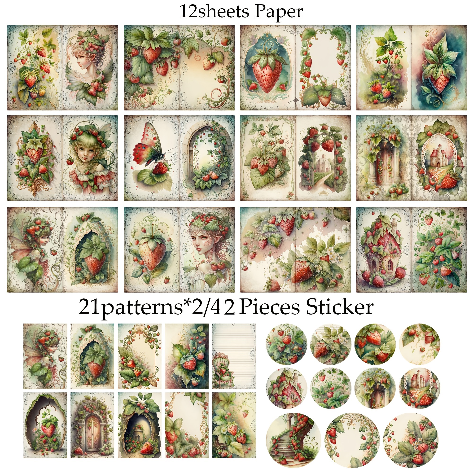 54pcs 12 Papers And 42 Stickers Strawberry Elf Decorative Paper Set, Perfect For Arts Crafts, Holiday Party, Scrapbooking Supplies, Crafts, Background Pad, Handmade Crafts, Ephemera, Junk Journal