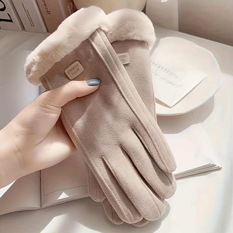 

1 Paire de Gants d'Hiver en Peluche pour Femmes avec Patch de Lettres - Mittens en Polyester Élastique pour Activités en Extérieur, Manuels Chauds et Protégeants, Lavables en Machine