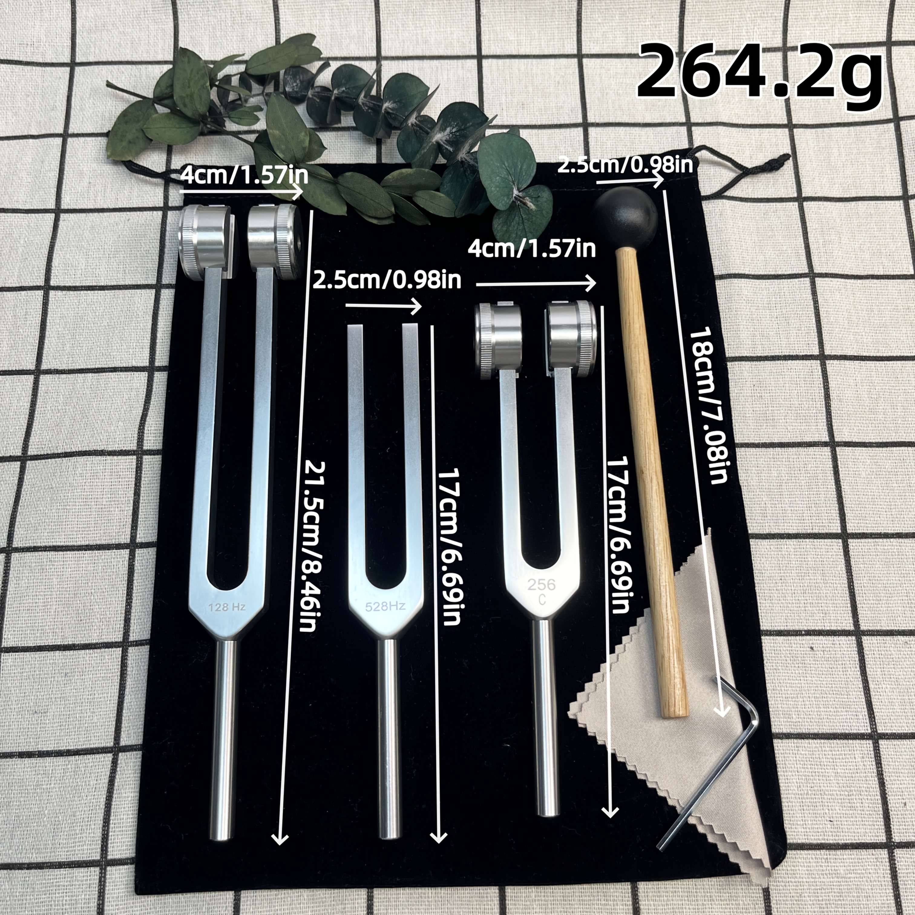 treh aluminijastih uglaževalnih vilic - 128Hz, 512Hz, , s kompletnim 256C platnenim vrečkom, naprava za frekvenco zvoka in meditacijsko