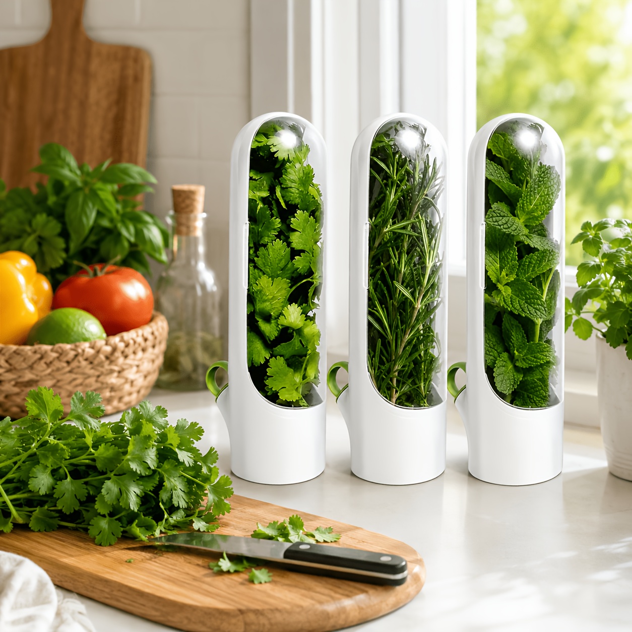 Image of 3pcs Keeper, Vertical Freshness Storage Cups For Kitchen And Fridge, Sealed Portable Design For , Basil, Mint And Other Herbs, Herbs Fresh , , Ideal For And Meal Prep