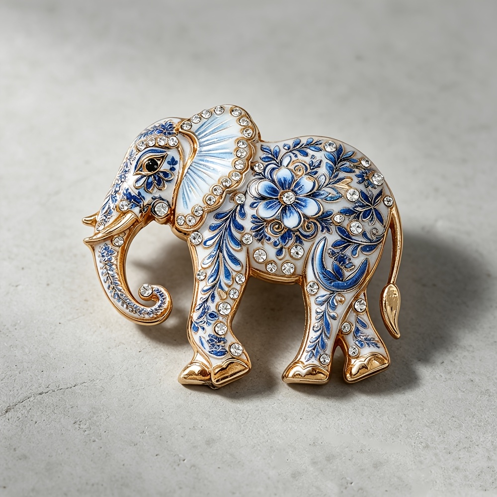 TEMU 1pc Vintage Gradient Floral Rhinestone-encrusted Elephant Enamel Brooch, Gentle Pastoral Style, Cheongsam And Suit Pin, Daily And Holiday Wear