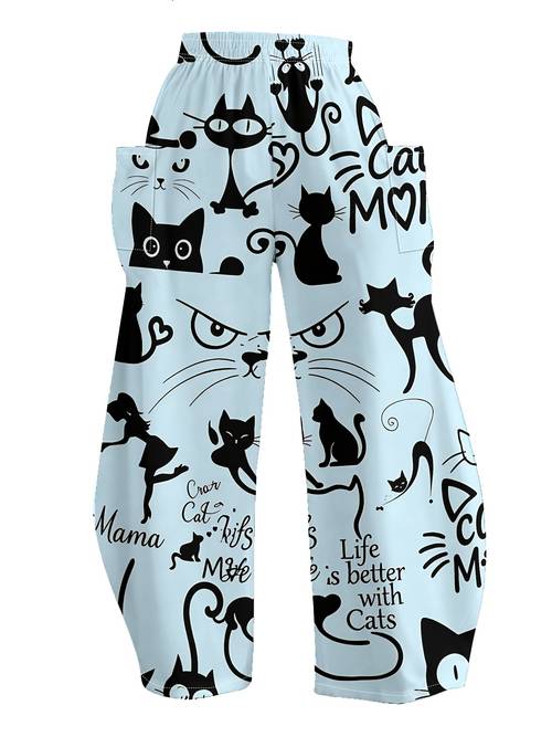 womens fun black cat print loose straight leg pants large pockets casual trousers suitable for machine washable comfortable and loose for cat lovers