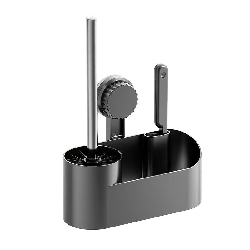 TEMU 3pcs Set Of No-drill Suction Cup Toilet Brush, Space-saving Bathroom Accessory, With Storage Tray Bathroom Cleaning Tool, No-dead Angle Toilet