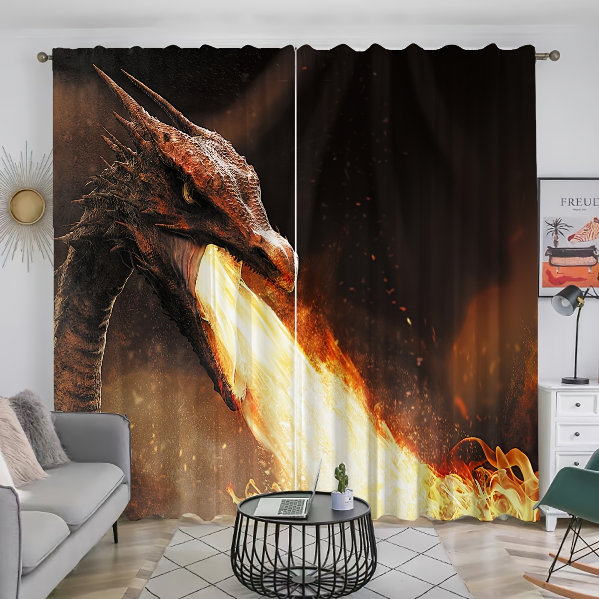 

2pcs Dragon Printed Curtains, Rod Pocket Curtain, Suitable For Restaurants, Public Places, Living Rooms, Bedrooms, Offices, Study Rooms, Home Decoration