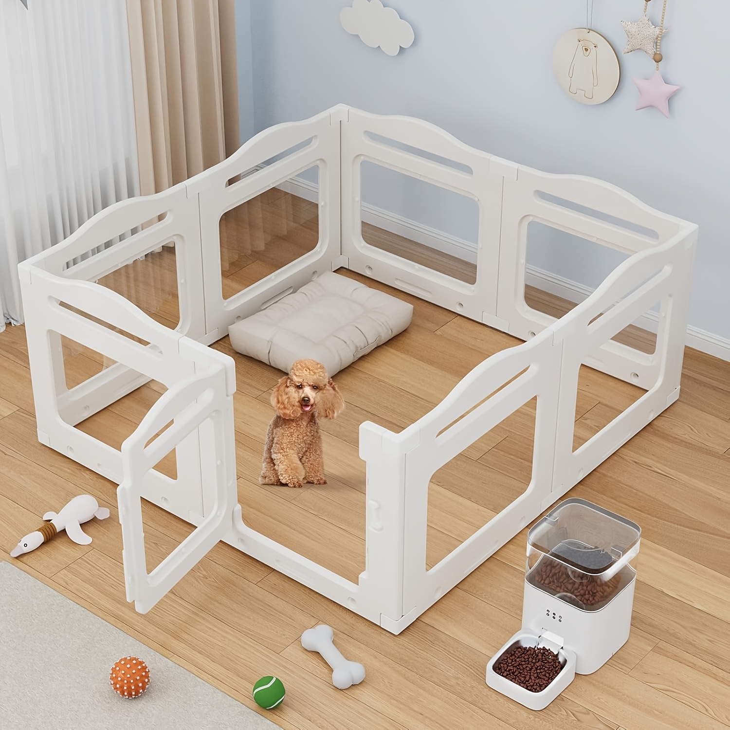 Image of Acrylic Puppy Playpen, 60cm High, 7pcs + 1 Dog Playpen With Door, Puppy Playpen, Dog Playpen For Apartment, Suction Cup, Transparent, Indoor Dog Kennel For Puppies