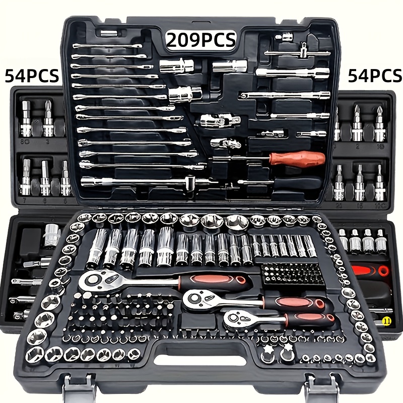 Jauns Uzlabots 54/209 gab. Auto Remonta Instrumentu Komplekts, Sprūdatslēga, 1/2", 1/4", 3/8" SAE Metriskā Lūpu Atslēgu Komplekts, Profesionāli Inženieru Apkopes Instrumenti, Piemērots Projektiem, Mājām, Garāžai, Transportlīdzekļu Apkopei un Remontam, Ceļa Aizvērtņu Avārijas Instrumenti