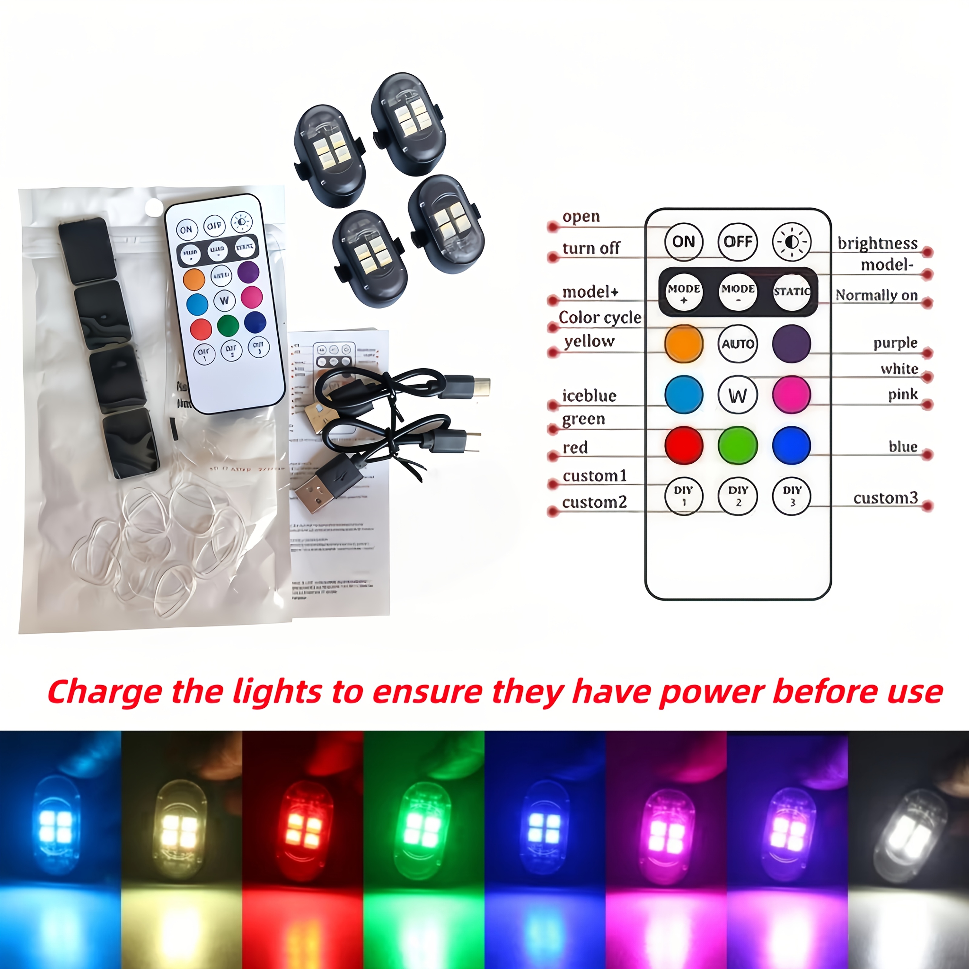 4pcs Wireless Led Remote Control Lights Car Decor Atmosphere Light Reminder Lights Rgb Led Car Interior Decorative Lights Led