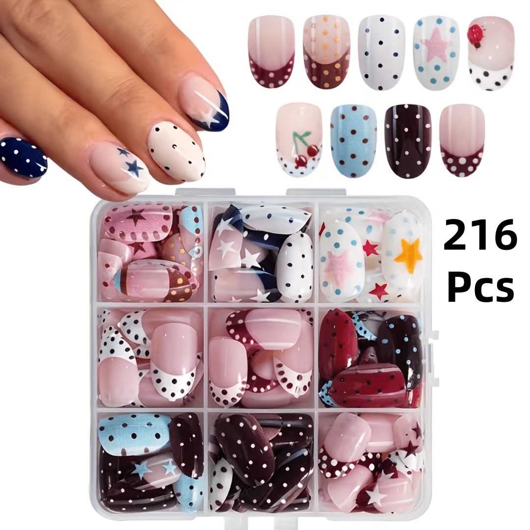 TEMU 216pcs Short Oval Press-on Set, Red, Blue, Pink, Fake Nails, Polka Dot Colorful Polka Dot Stars Ladybug Cherry, Colorful Dopamine, For Women's