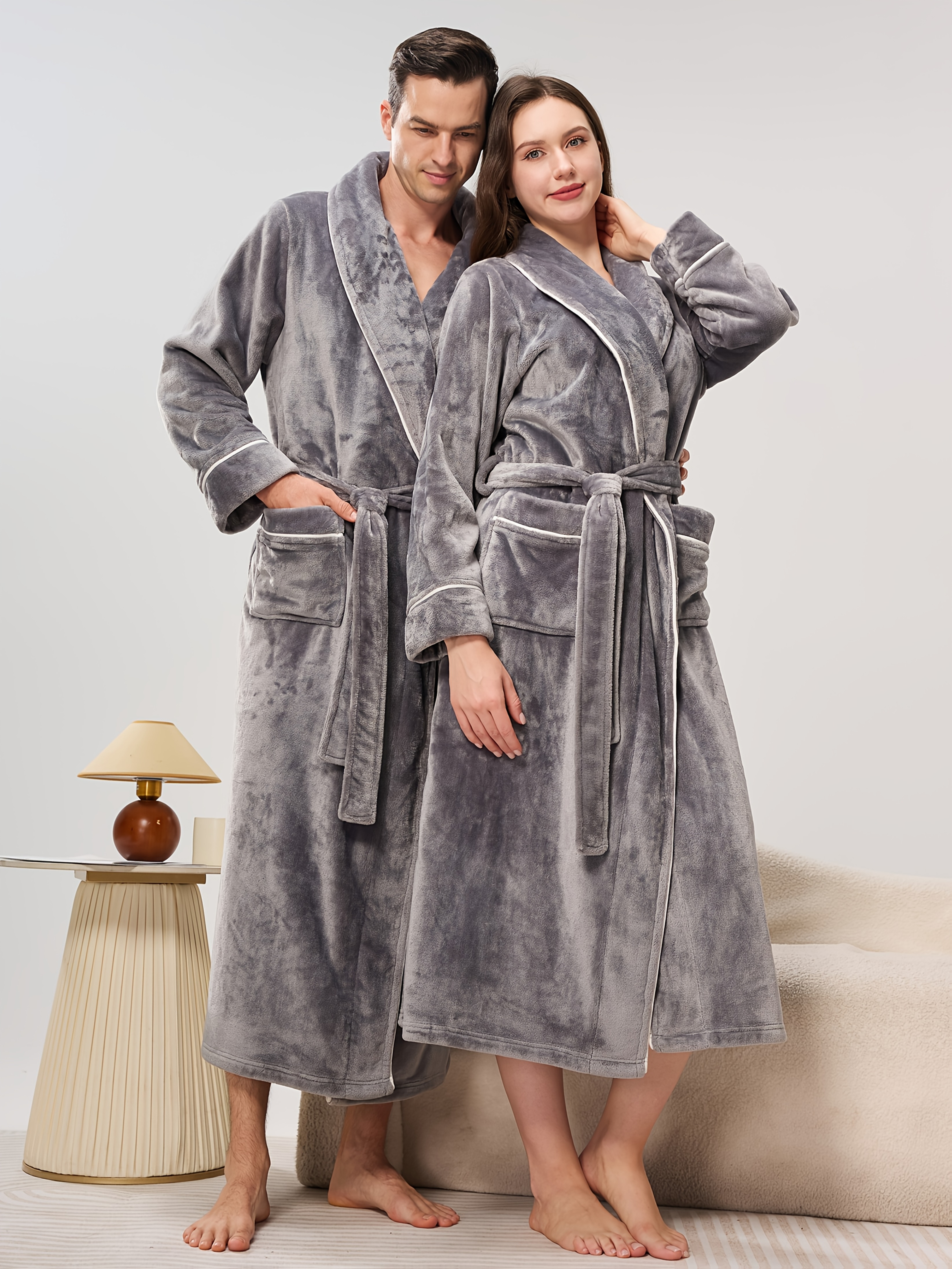 unisex bathrobe 1pc long soft   hotel robe   machine washable polyester towel theme autumn and winter flannel long thick sleepwear mens simple fleece bathrobe with double side pockets thickened warm pajamas   multi color options solid color   green   navy blue