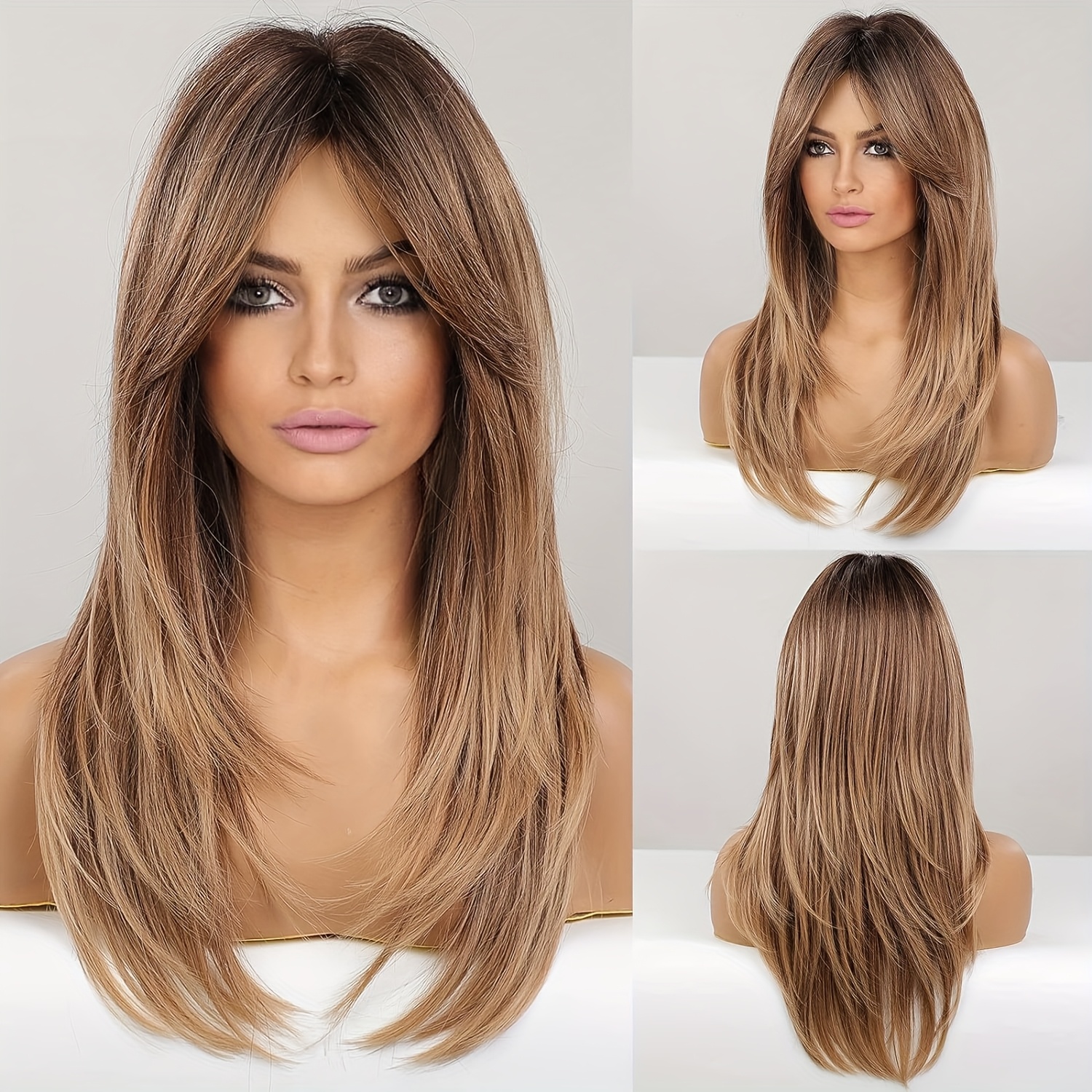 TEMU Women's 22-inch Long Straight Hair Wig With Bangs Suitable For Daily Use & Cosplay, Adjustable Cap, Heat-resistant Fibers, Dark , Wig For