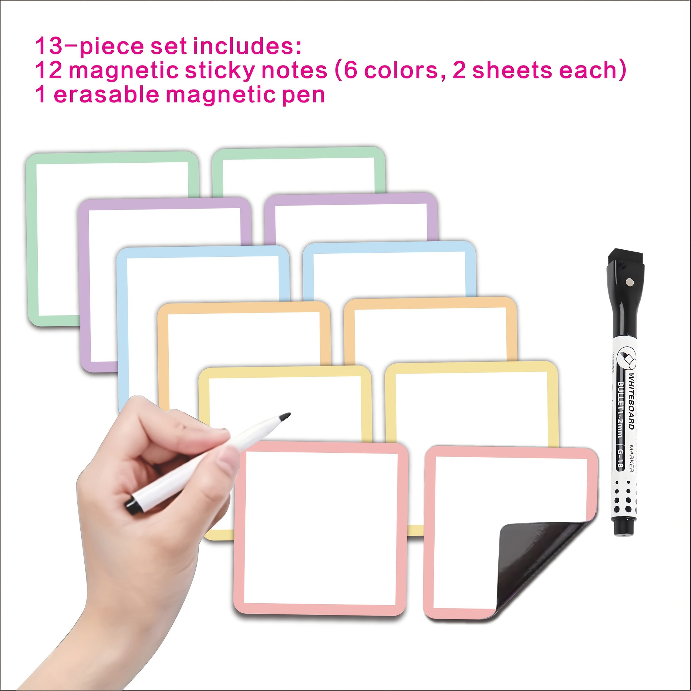 Image of 13pcs Reusable Magnetic Notes Set - Erase Memo Boards (3.94x3.94 Inch) With 1 Magnetic Marker, Perfect For Whiteboard/fridge/locker - Ideal For Office, Classroom & Home Organization