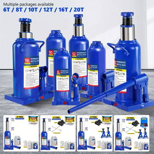 hydraulic bottle jack in 6 8 10 and 12 complete with a carrying has a capacity of 16 or 20 and a handle this multi directional welded bottle car jack is suitable for cars trucks rvs pickup trucks