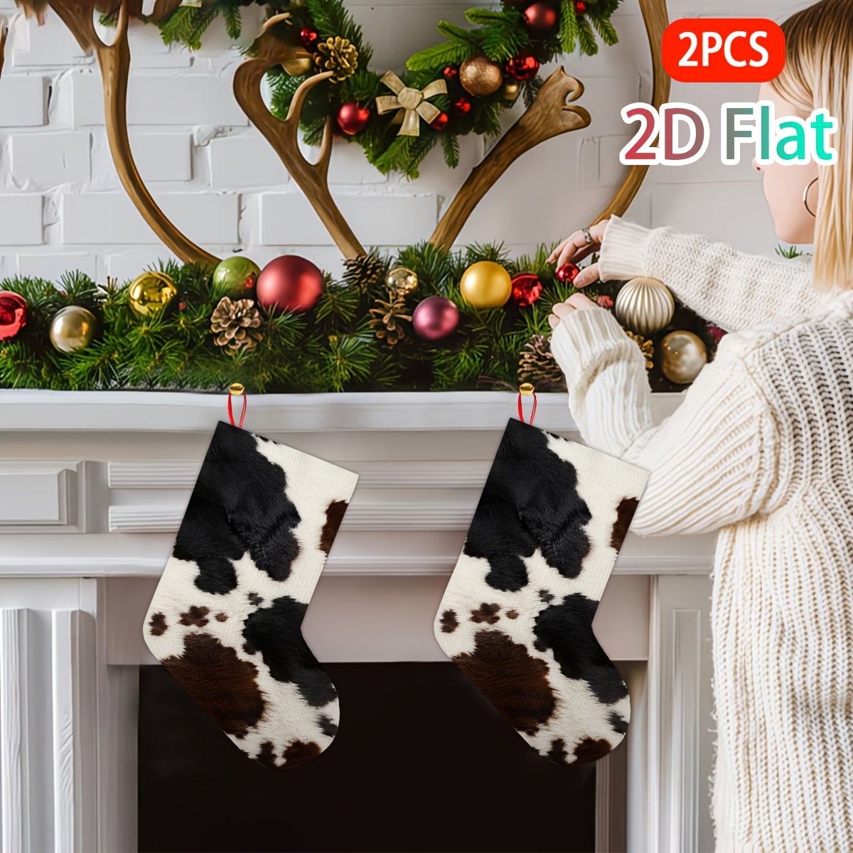 TEMU 2pcs Cow Print Christmas Stockings Suitable For Tree Decorations, Window Displays, Cow Holiday Socks - Cow-themed Decorative Sock Garland For
