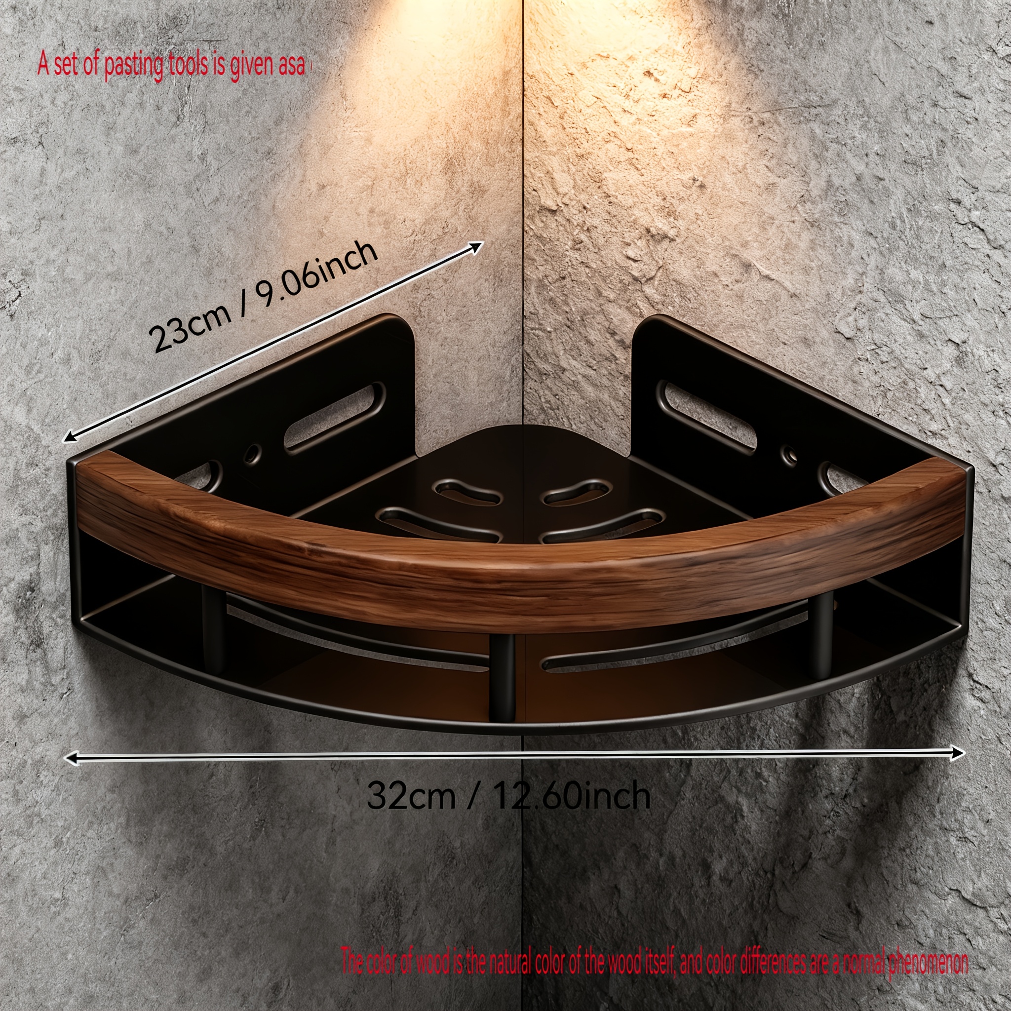Image of Wall-mounted Heavy-duty Bathroom Corner Shelf | Stainless Steel & Walnut Wood, Space- Curved Shelves For Shower Bathtub, Sink Organization, , Sturdy Corner Shelf