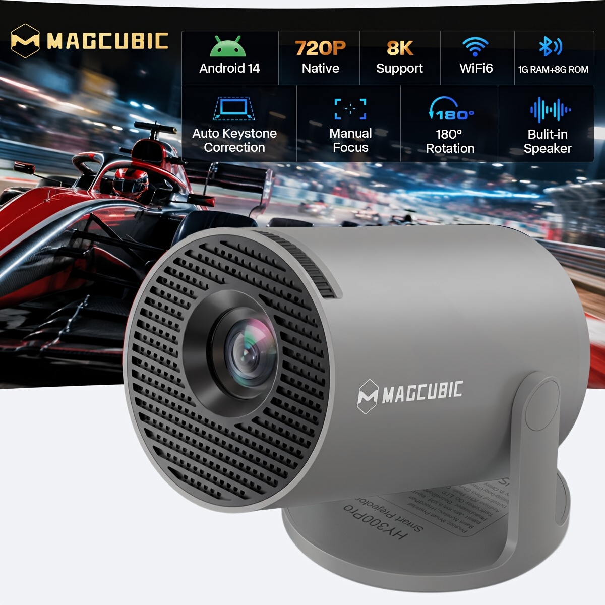 Magcubic Hy300pro Android14 Os Smart Projector, Native 720p Support 8k With 330ansi Brightness, H726 With Rotation Movie Projector For , Versatile
