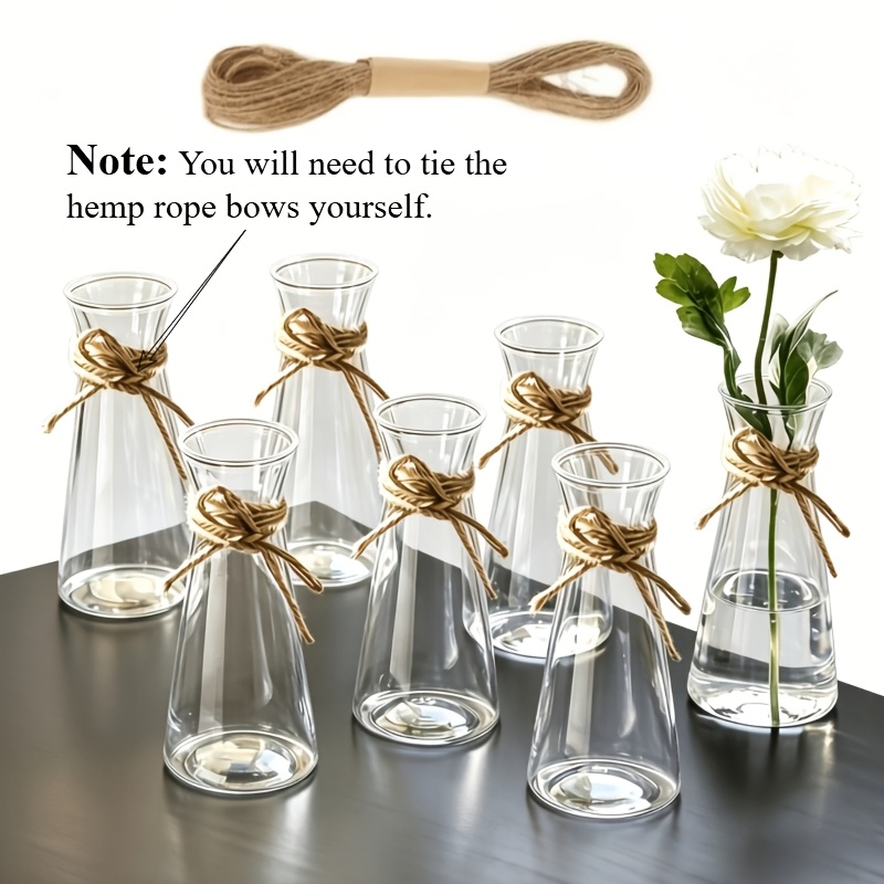 Image of 7pcs Clear Plastic Vase Set With Hemp Rope Decoration - Lightweight, Portable, And -resistant. Ideal For Weddings, Table Settings, Home Decor, Dinner Parties, And Garden Tabletop Displays