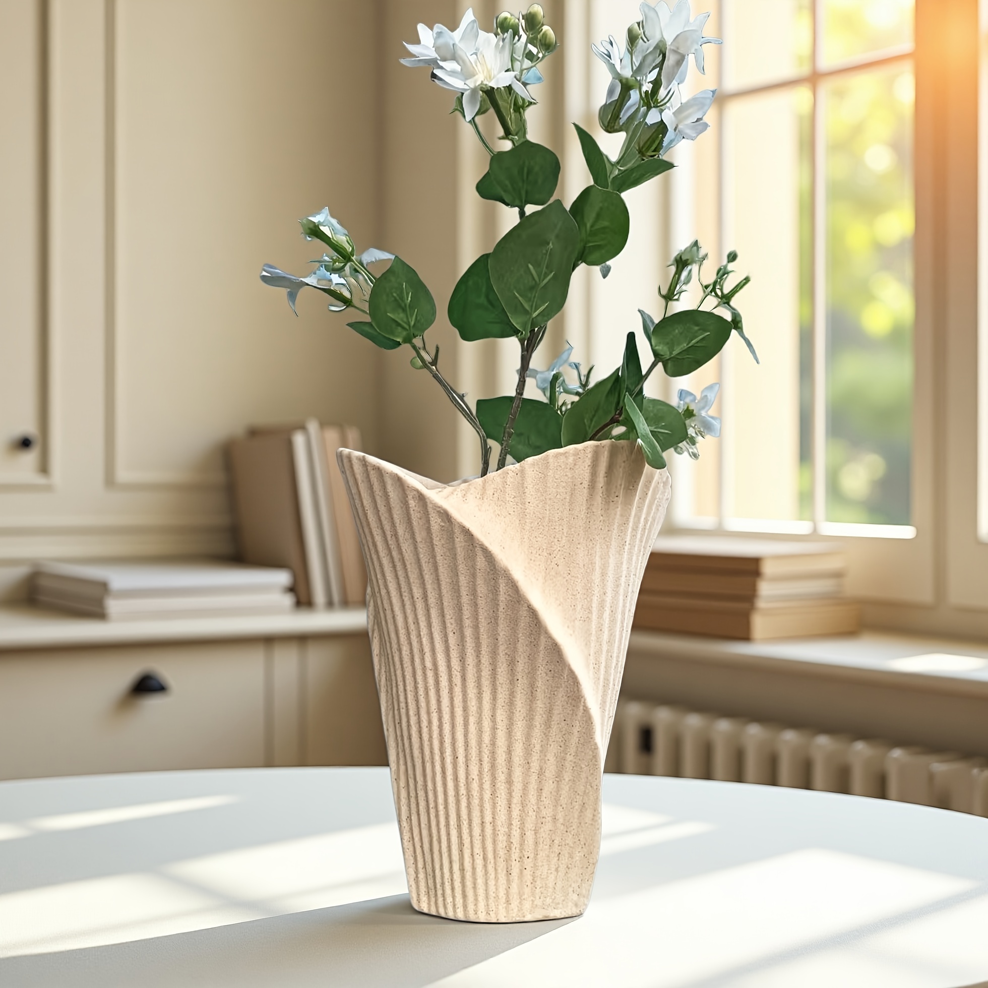 A New Ceramic Vase, Decorative Vase, Ornamental Vase with a Frosted Beige Finish, Featuring Unique Line Designs. Suitable for Modern Home Decor, Simple and Stylish, Ideal as a Tabletop Vase or Handmade Vase. Perfect for Home Decoration, Holiday Gifts