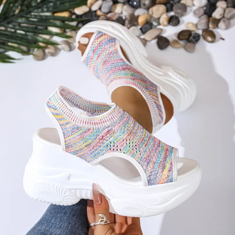 womens lightweight breathable crochet wedge sandals open toe thick sole casual shoes with ankle strap white colorful geometric for casual attire strappy sandals Product details 8