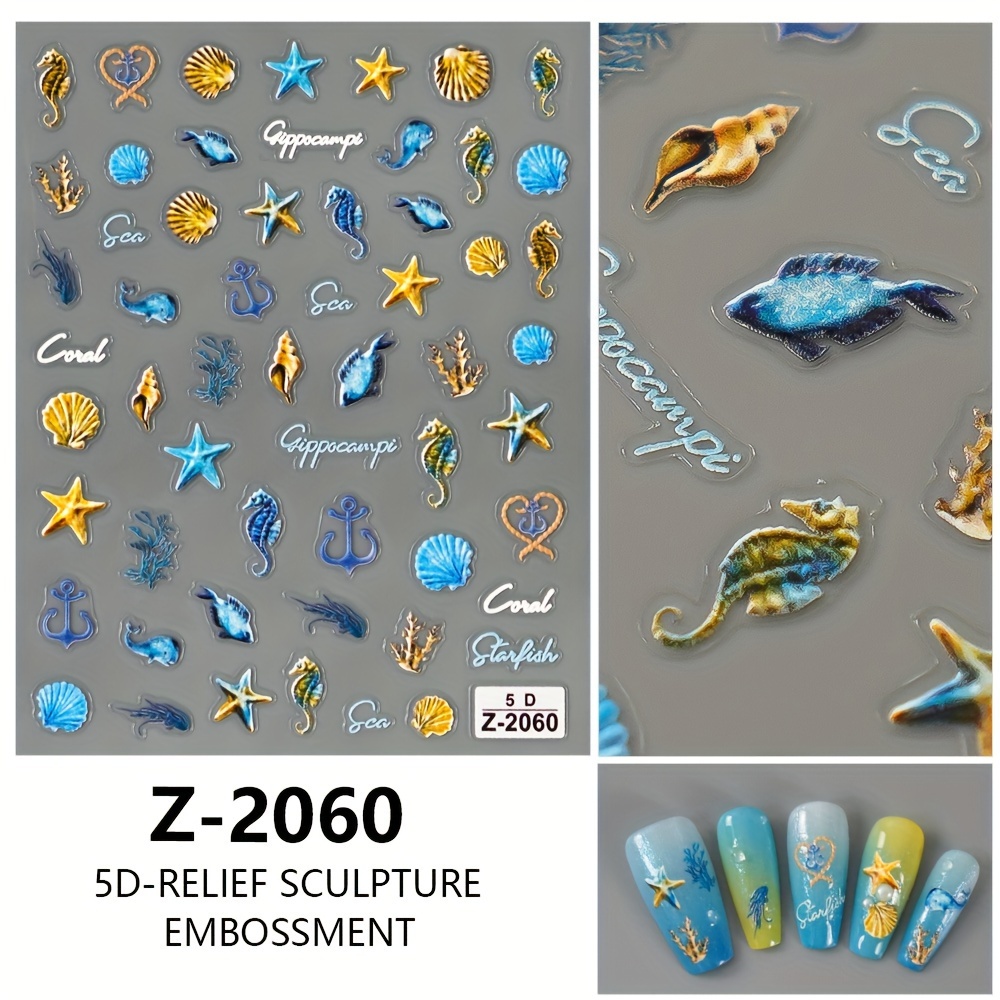 Image of New 5d Embossed Nail Stickers Featuring Starfish And Shells, Three-dimensional Marine Animal Adhesive Nail Decorations, Perfect For Holiday Gifts