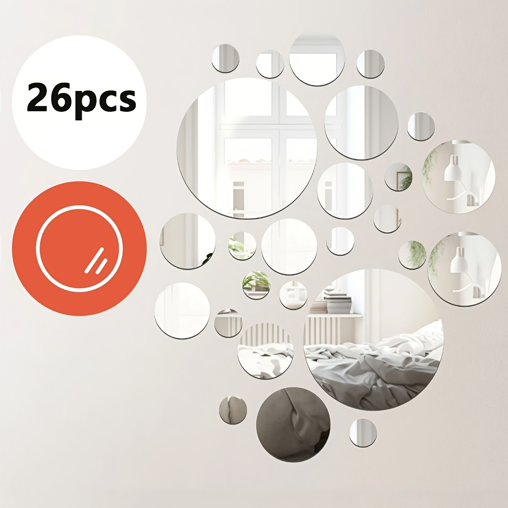 TEMU 26pcs Acrylic Round Mirror Decorative Stickers - Self-adhesive Installation, Removable Wall Mirrors, Suitable For Bathrooms, Living Rooms, ,