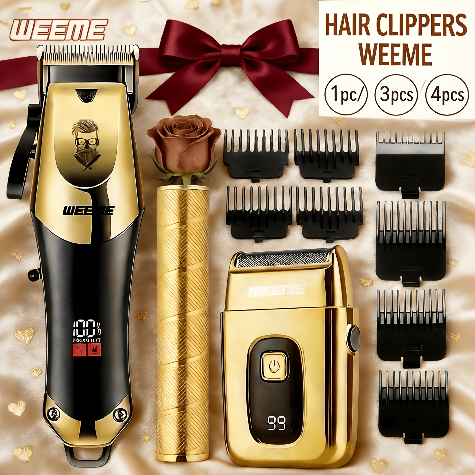   mens makeup 1pack 3pcs 4pcs golden and black hair clippers with usb charging lcd screen 8 guide combs cutting machine and shaver including cleaning brush and comb mens   gift