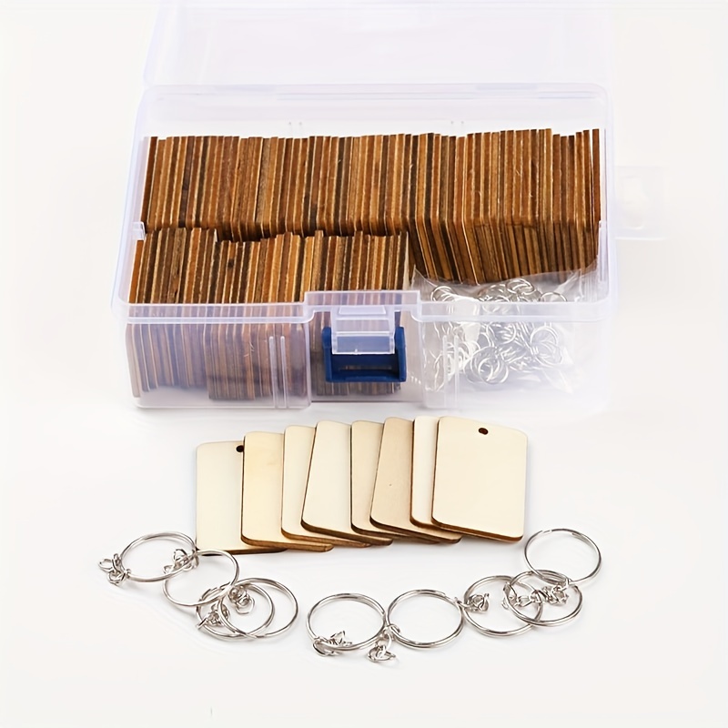 

300pcs Rectangular Wooden Chip Keychain Pendants, Wooden Hanging Tag, Diy Wooden Hanging Tag Material, Key Ring, For Diy Keychain Making Kit