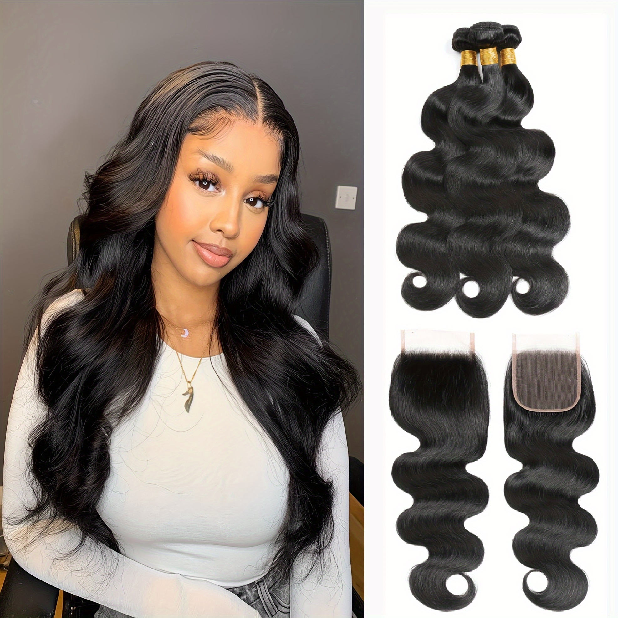 3 body wave bundles closure 4x4 closure free part peruvian  display picture 2