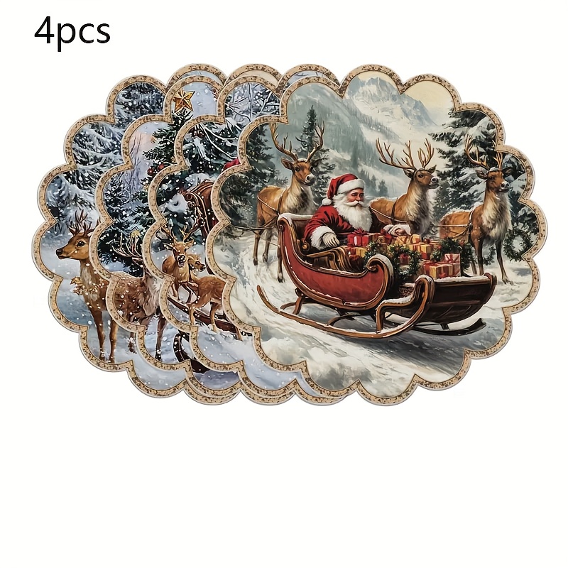 TEMU 4pcs Set Of Santa Claus And Reindeer Pattern Round Wooden Placemats, Non-slip Heat-resistant Wooden Table Mats, Hand Wash , Holiday Dining Party
