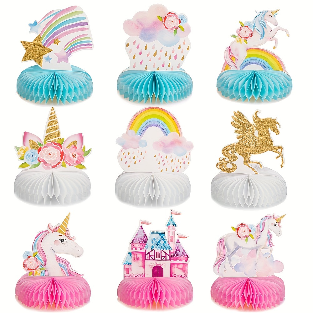 

9pcs Unicorn Rainbow Honeycomb Centerpieces - Table Decor For Birthday & Princess Parties, All