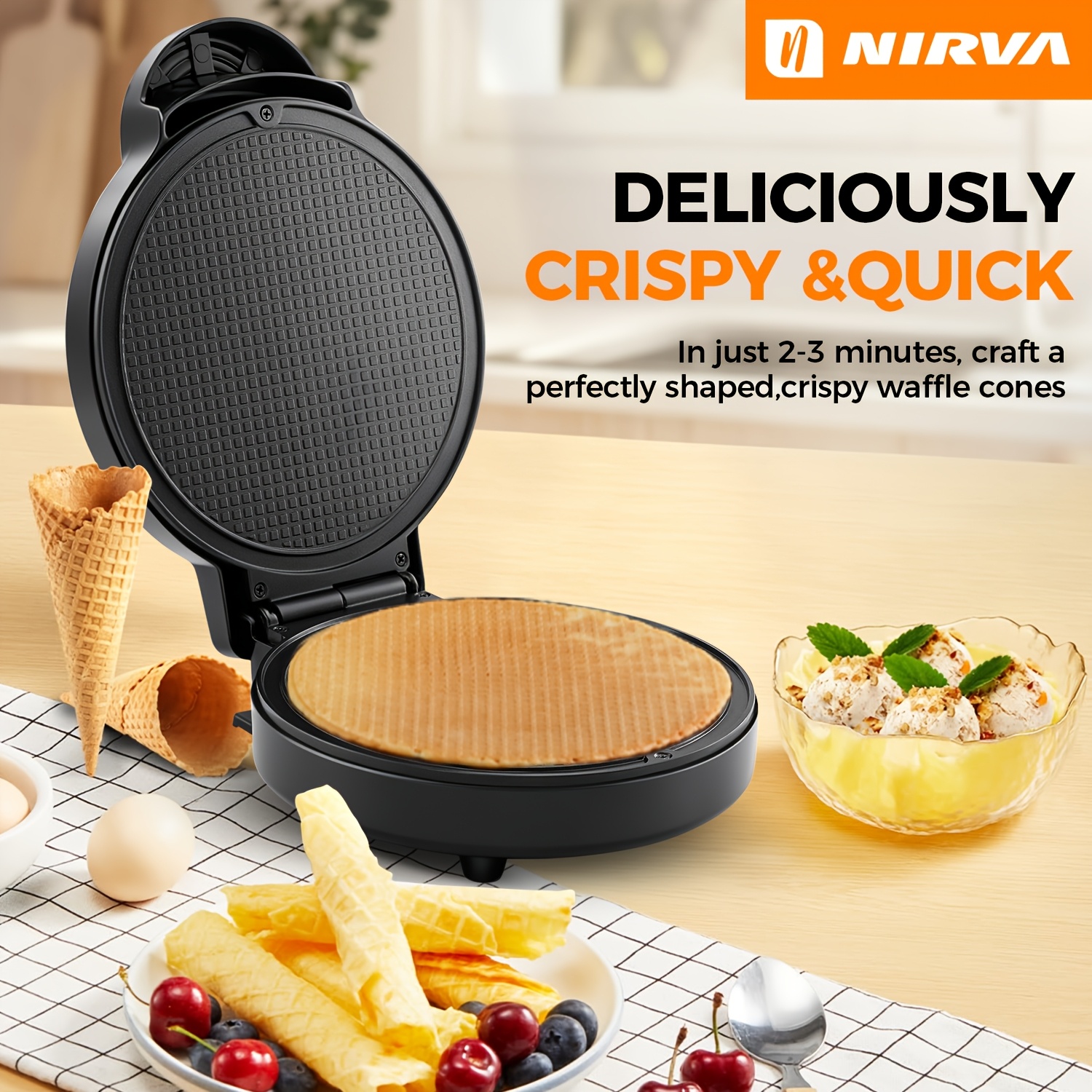 Nirva Electric Ice Cream Cone Maker, 1000w Machine With Plates, Double Sided Heating, Indicator Lights, Fast Baking, Perfect For Making Crispy Ice Cream Cones, Waffle Bowls & Egg Rolls
